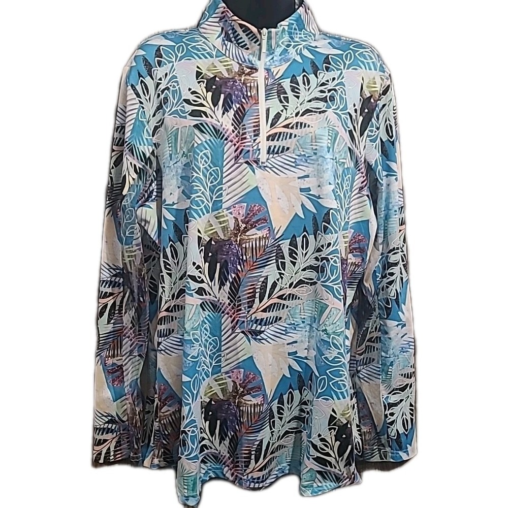 Tango Mango 1/4 Zip Athletic Top XL Colorful Abstract Mock Neck Mesh Panels